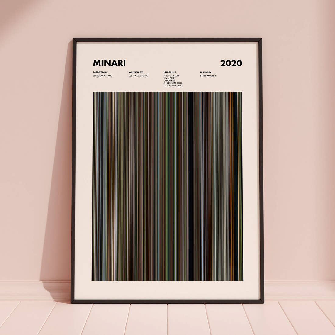 Minari Movie Barcode Poster framed and leaning against a coloured wall