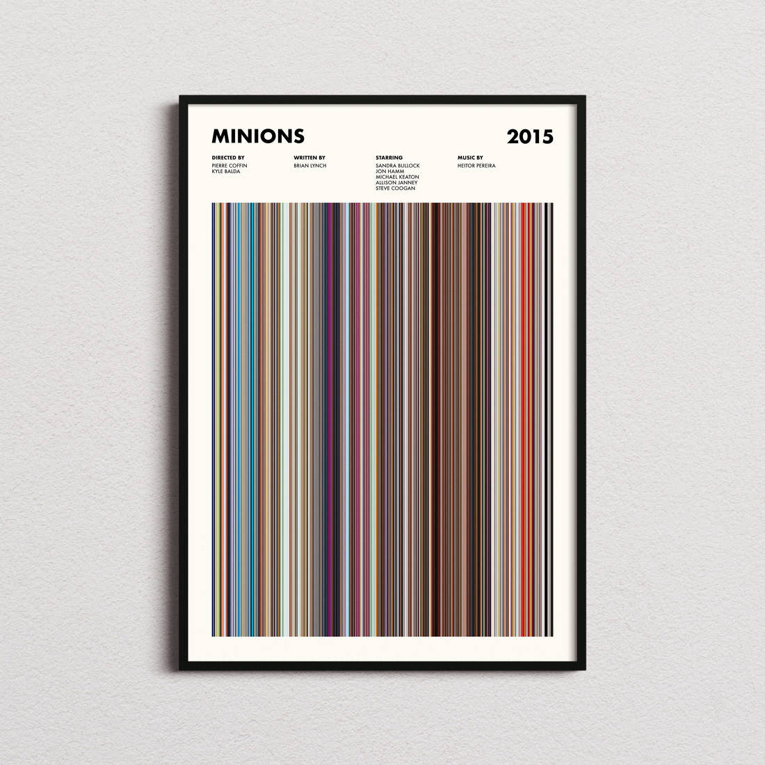 Minions Movie Barcode Poster framed on a plain studio wall