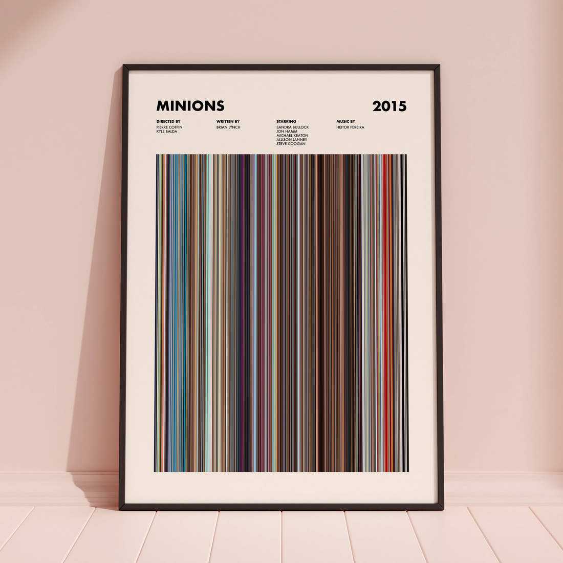 Minions Movie Barcode Poster framed and leaning against a coloured wall