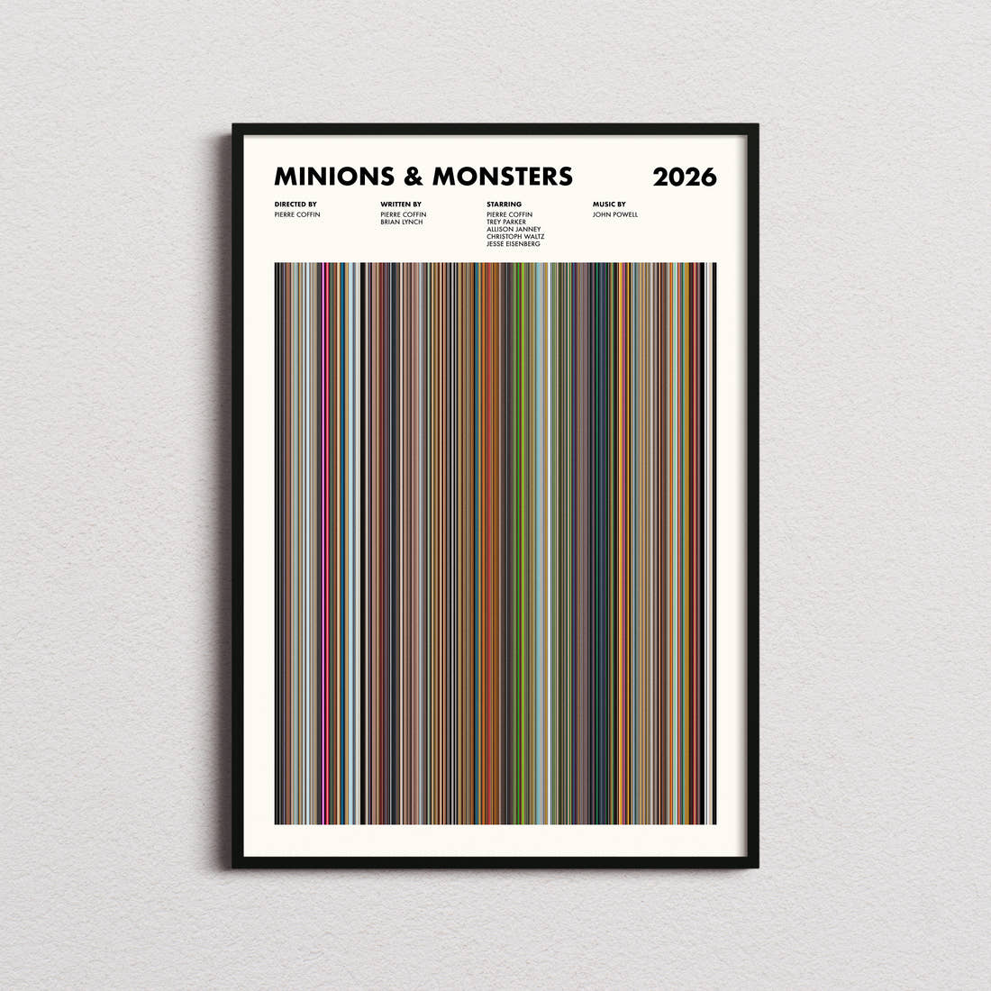 Minions & Monsters Movie Barcode Poster framed on a plain studio wall