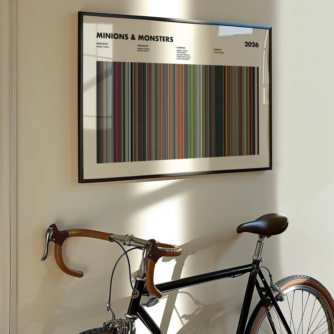 Minions & Monsters Movie Barcode Poster framed on the wall of a styled room setting