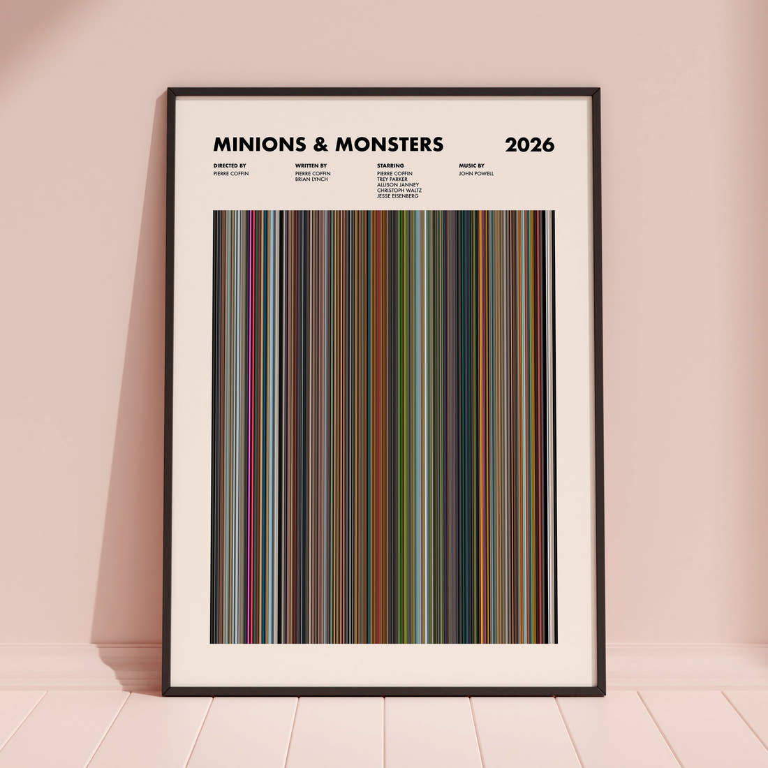 Minions & Monsters Movie Barcode Poster framed and leaning against a coloured wall