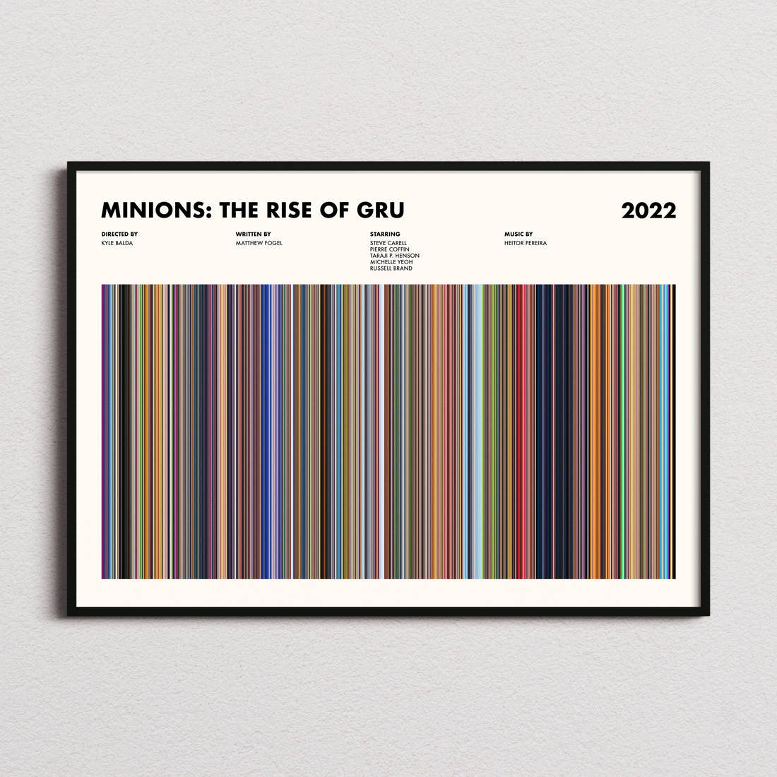 Minions: The Rise of Gru Movie Barcode Poster framed and photographed straight on