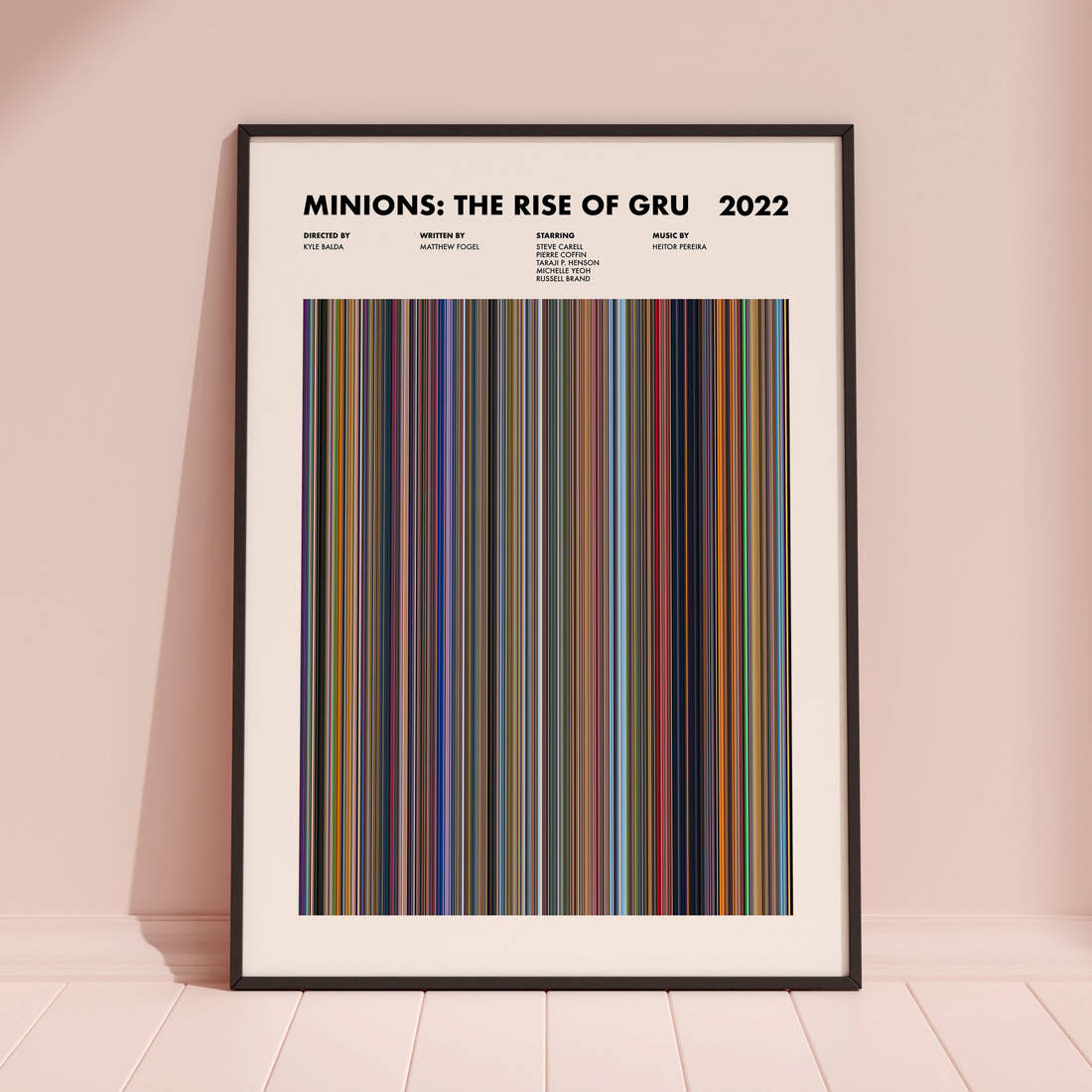 Minions: The Rise of Gru Movie Barcode Poster framed and leaning against a coloured wall