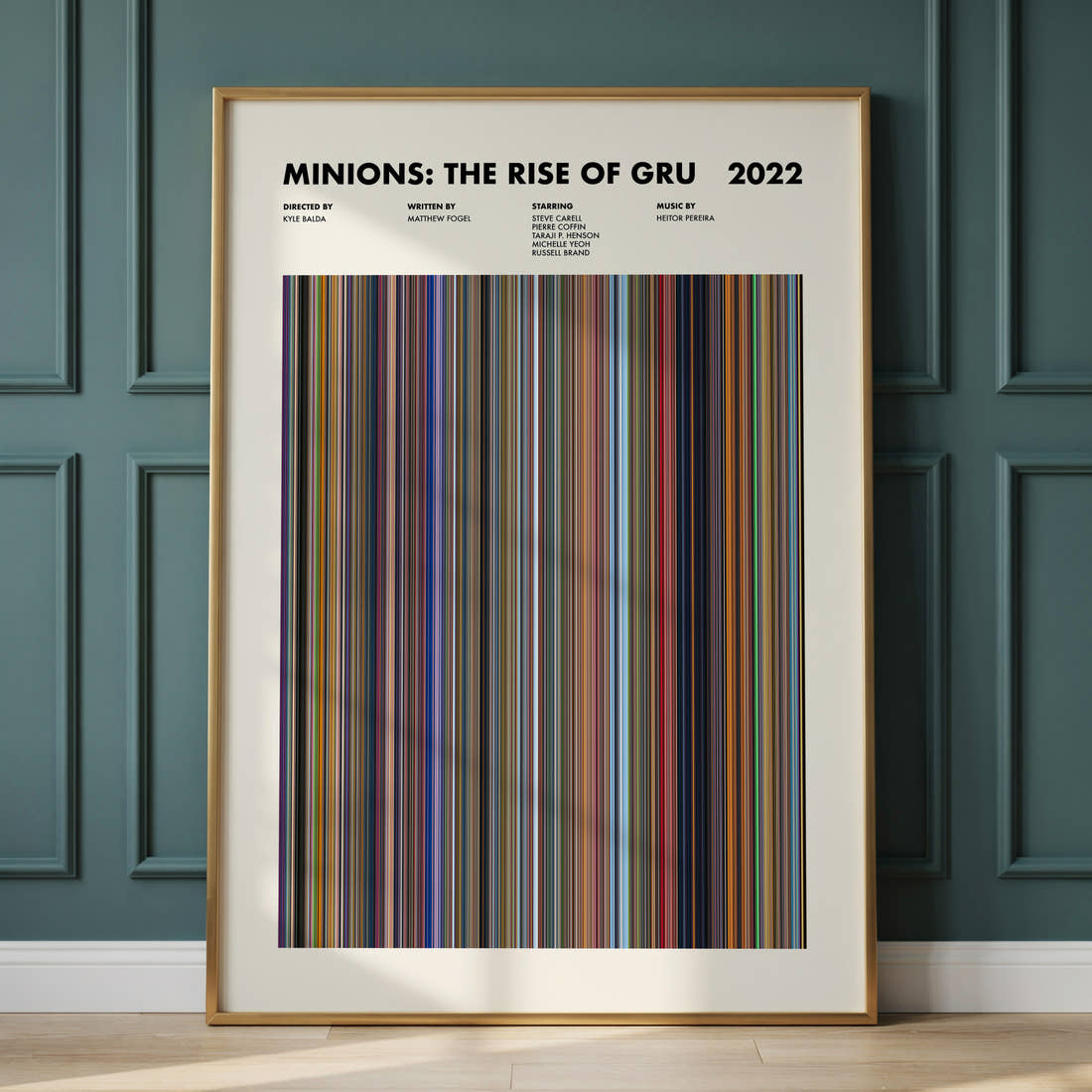Minions: The Rise of Gru Movie Barcode Poster framed and leaning against a panelled wall