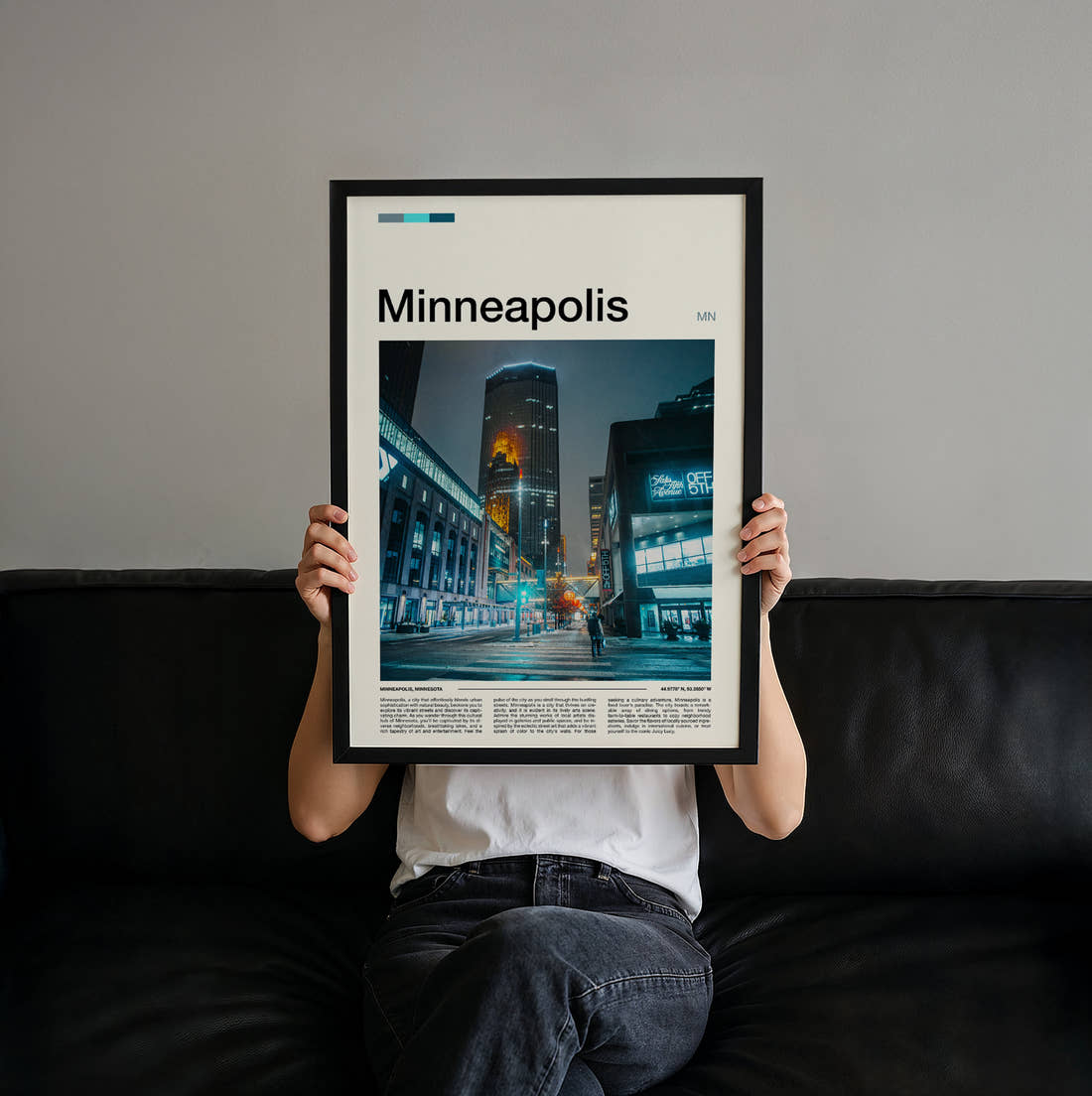 Minneapolis Downtown Street At Night Travel Print held up by hand to show the size of the print