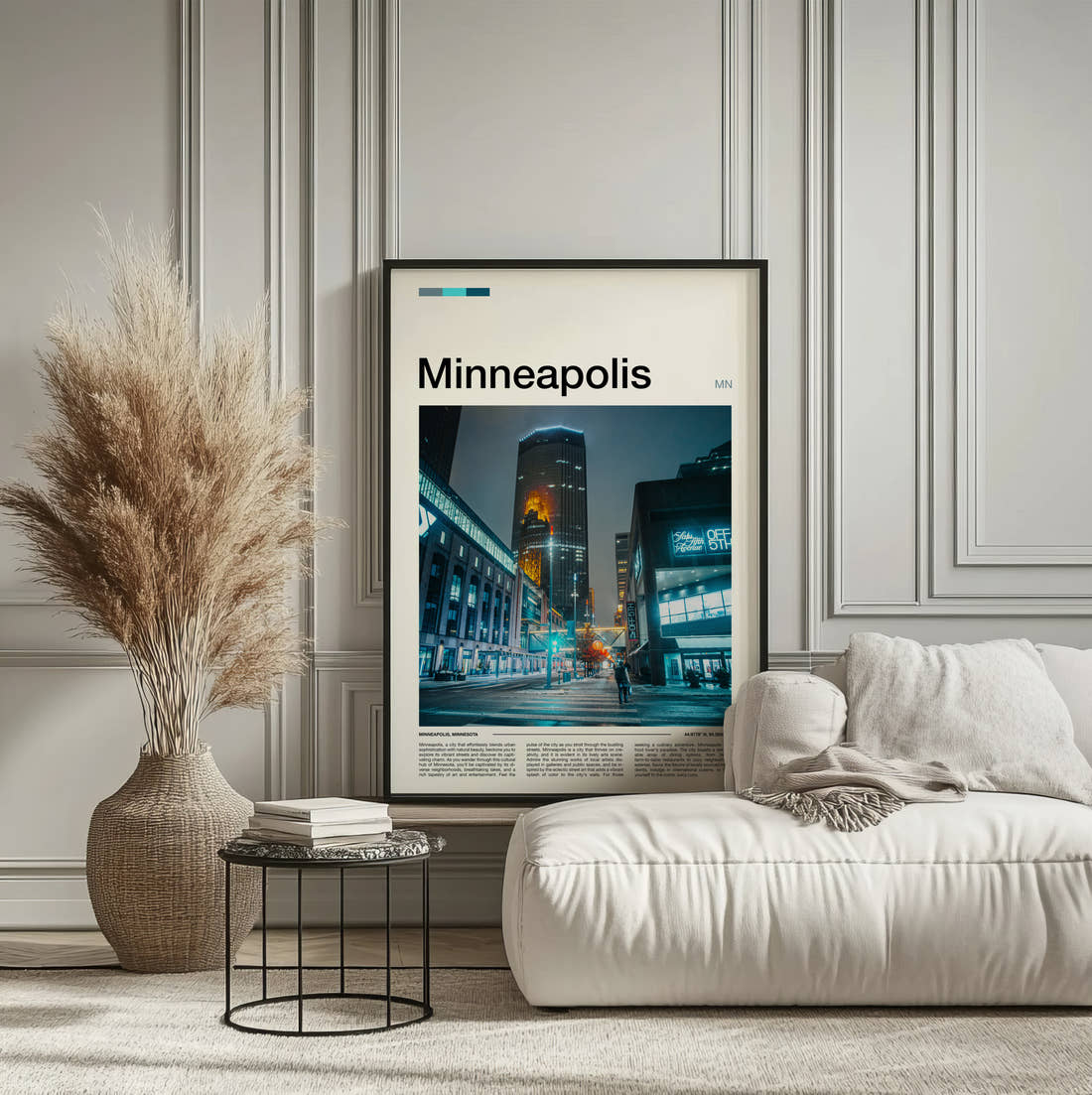 Minneapolis Downtown Street At Night Travel Print framed on the wall of a calm, neutral bedroom