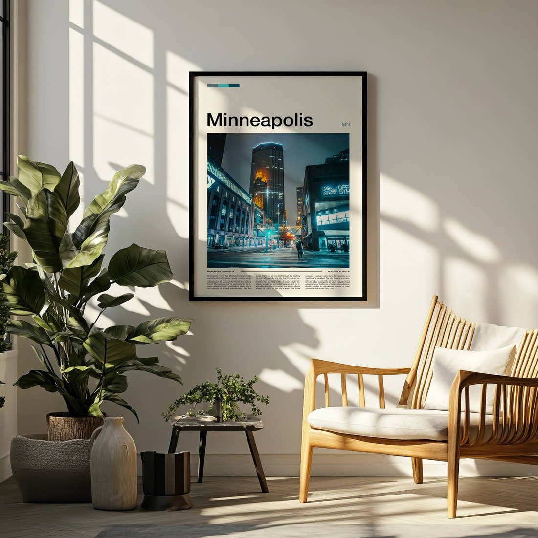 Minneapolis Downtown Street At Night Travel Print framed on a pale wall beside houseplants