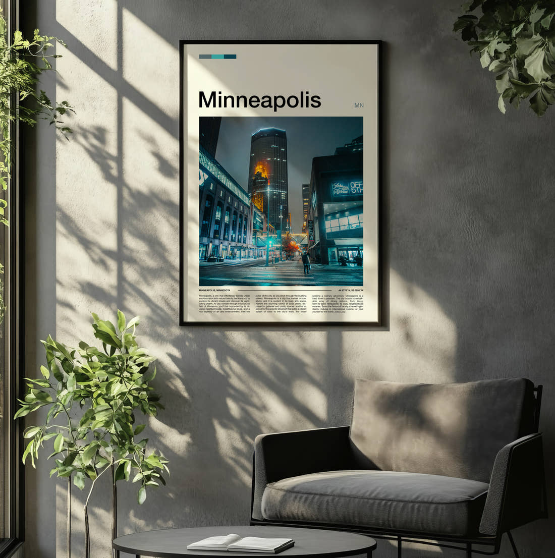 Minneapolis Downtown Street At Night Travel Print framed on the wall of a relaxed living room