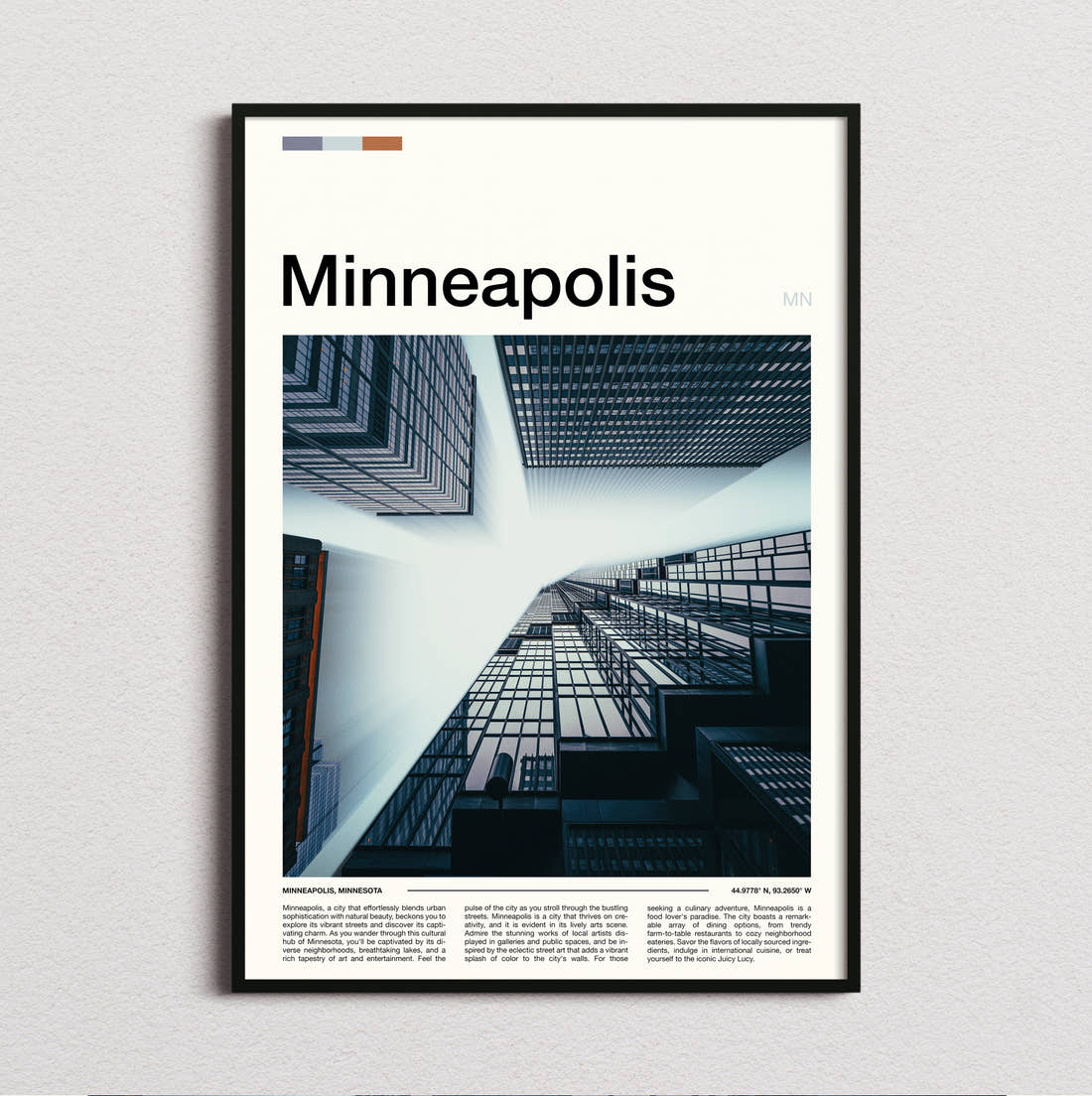 Minneapolis Glass Towers From Below Travel Print framed and photographed straight on