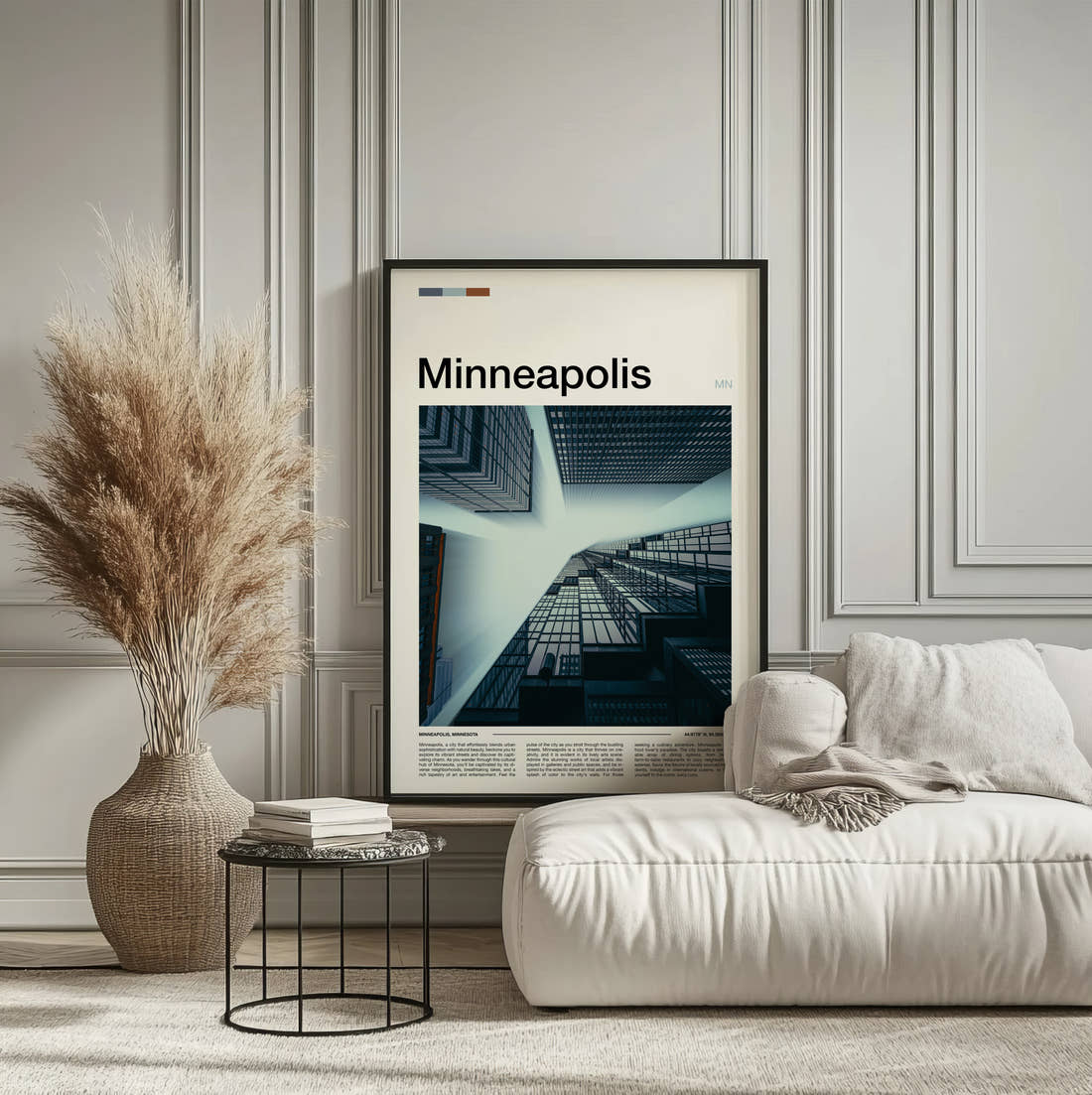 Minneapolis Glass Towers From Below Travel Print framed on the wall of a calm, neutral bedroom