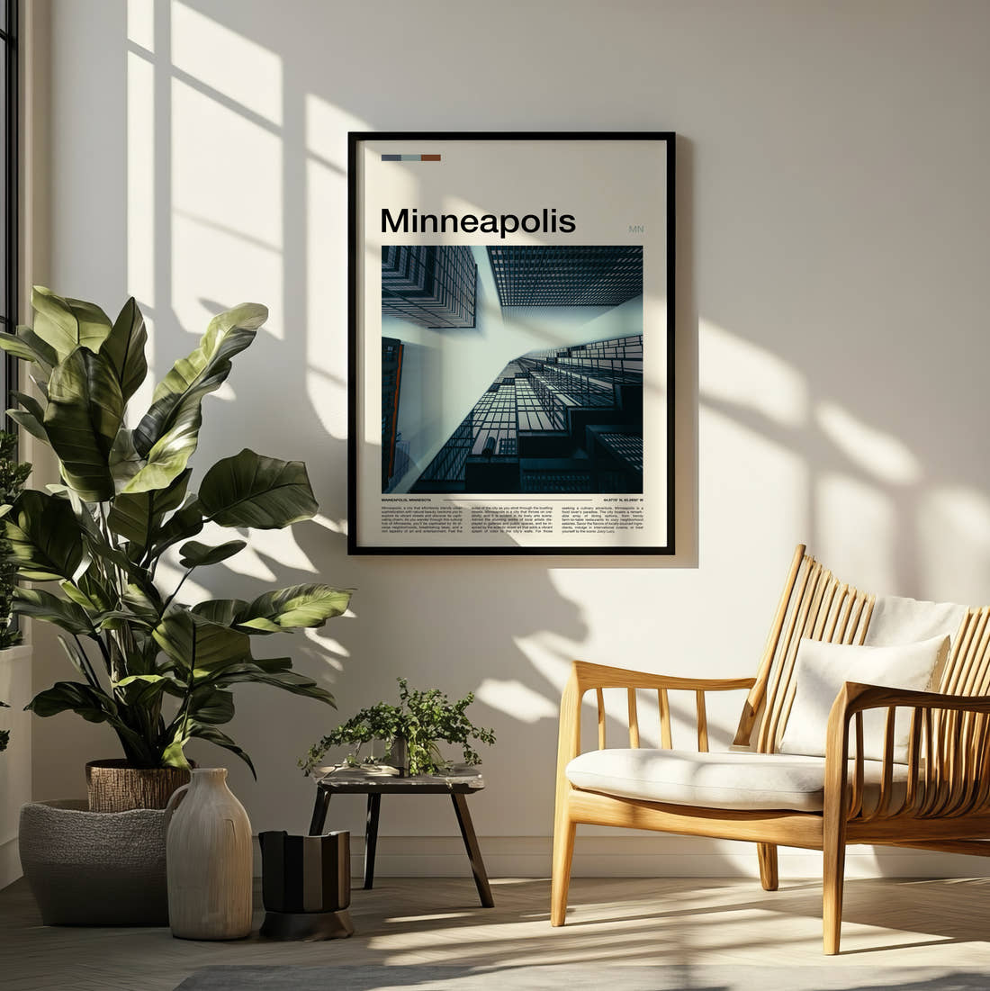 Minneapolis Glass Towers From Below Travel Print framed on a pale wall beside houseplants