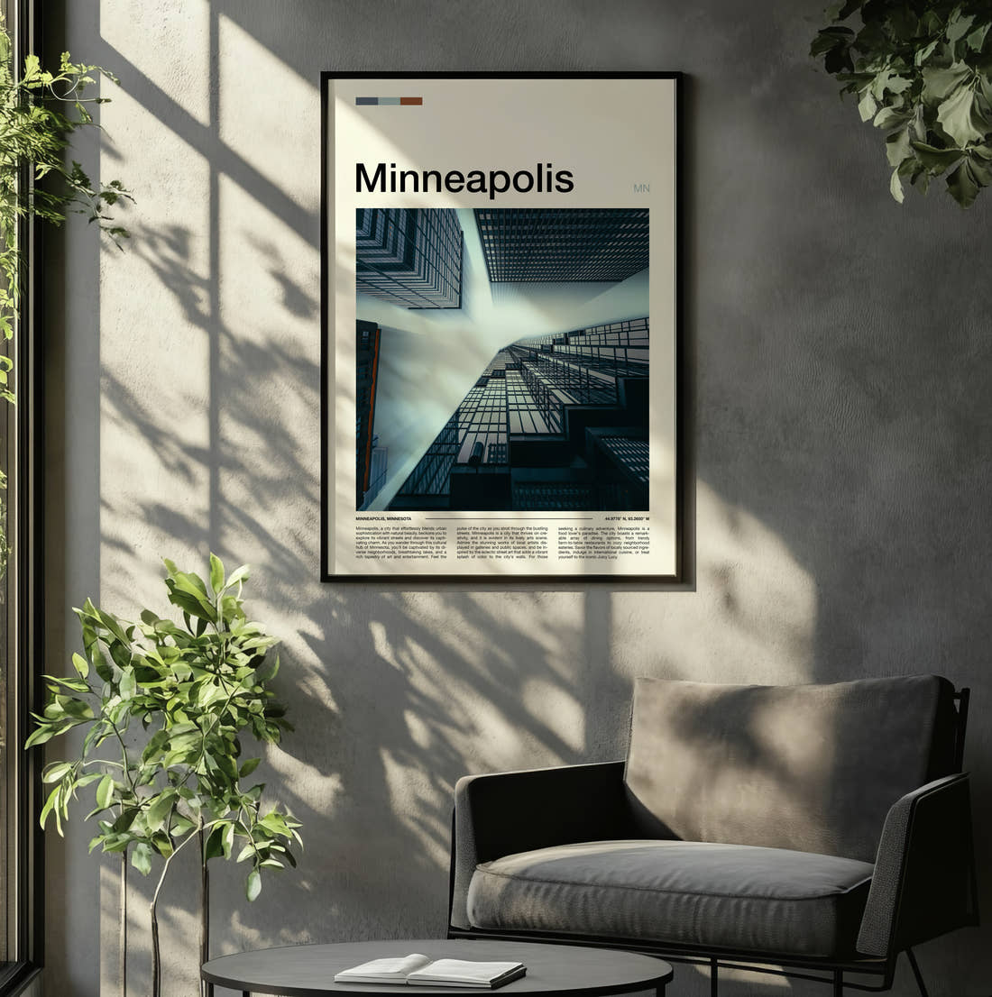 Minneapolis Glass Towers From Below Travel Print framed on the wall of a relaxed living room