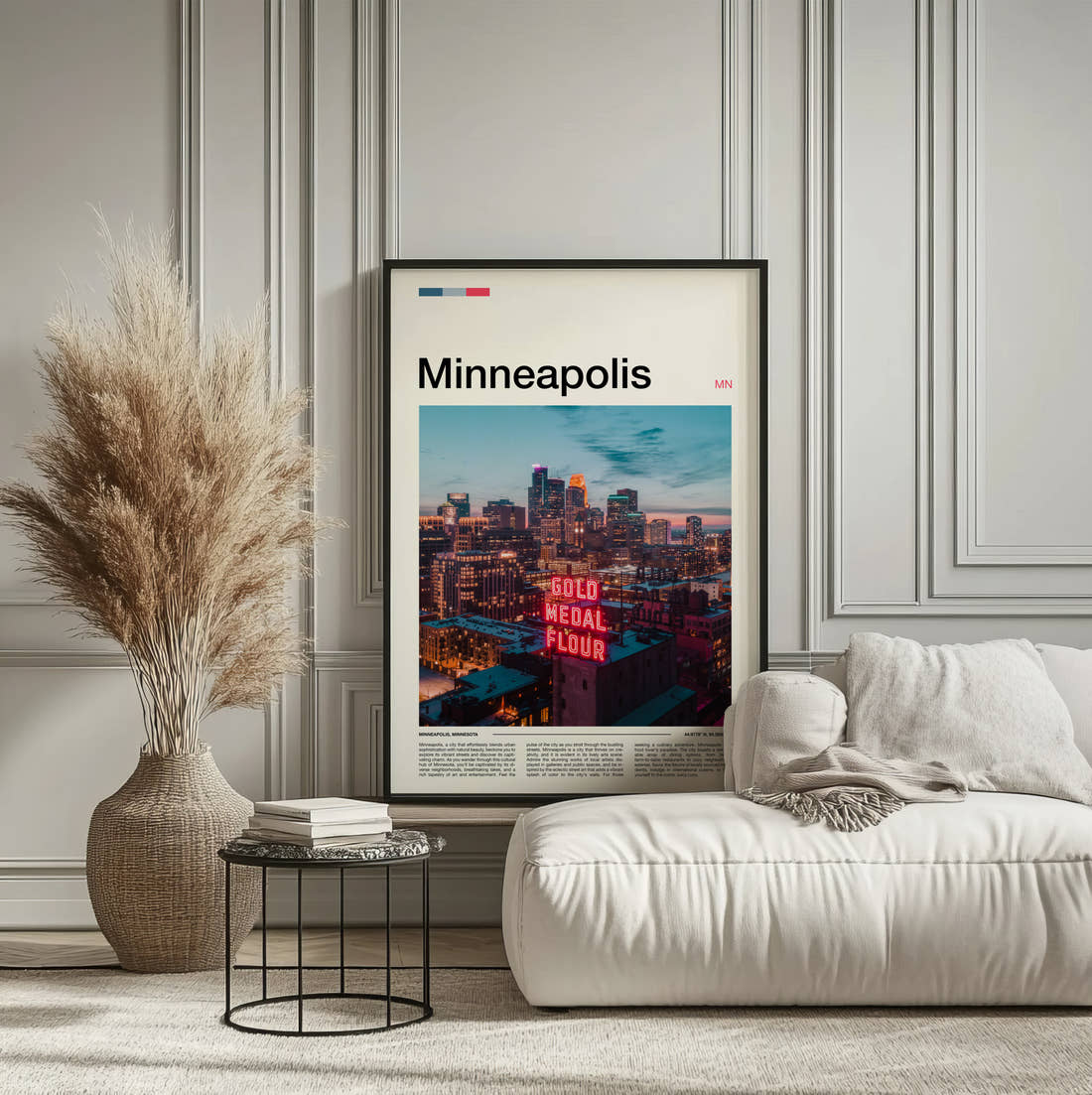 Minneapolis Gold Medal Flour Sign Travel Print framed on the wall of a calm, neutral bedroom