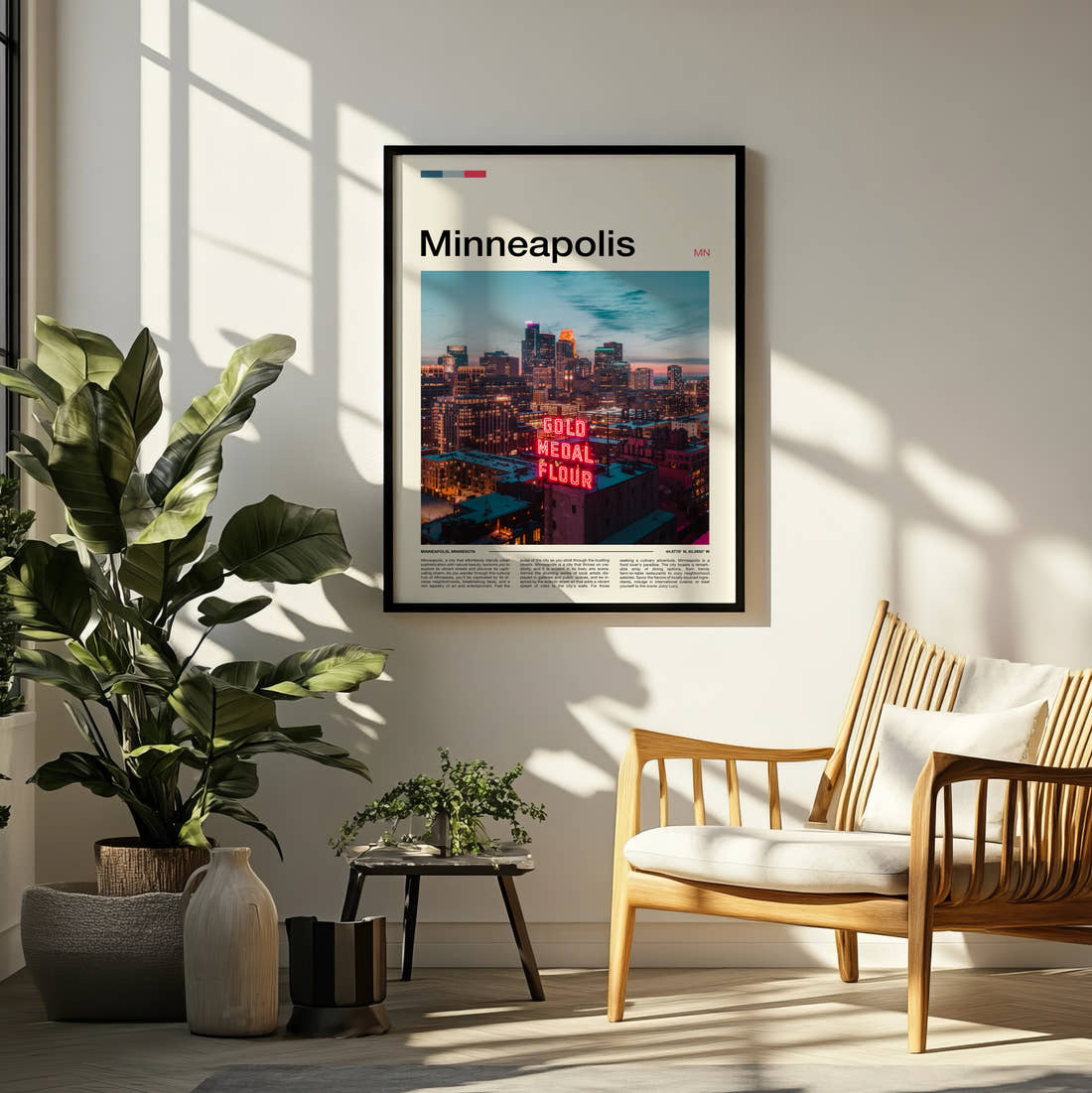 Minneapolis Gold Medal Flour Sign Travel Print framed on a pale wall beside houseplants