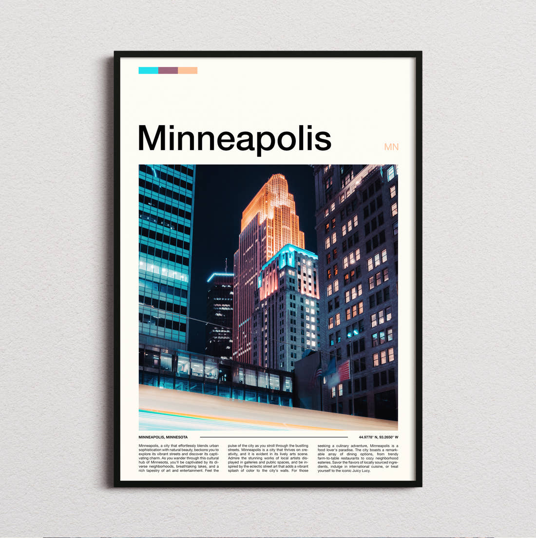 Minneapolis Downtown At Night Travel Print framed and photographed straight on