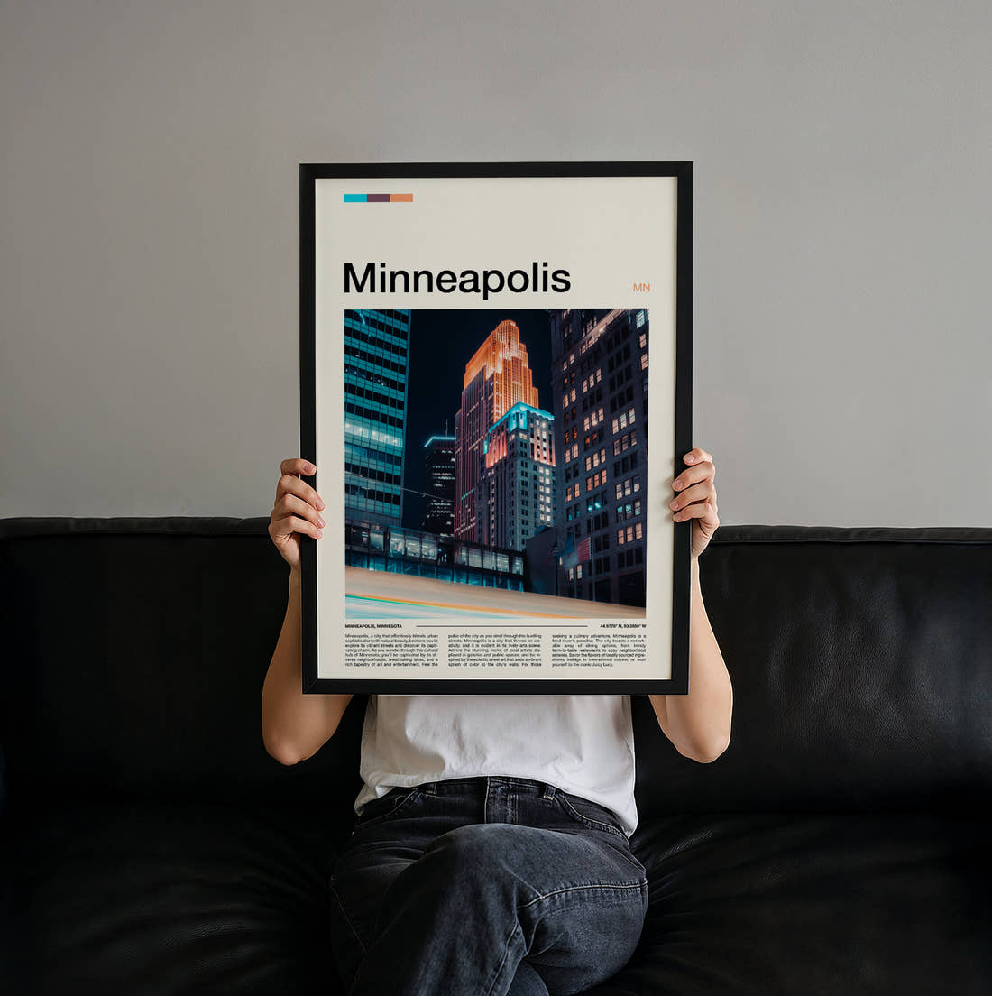 Minneapolis Downtown At Night Travel Print held up by hand to show the size of the print