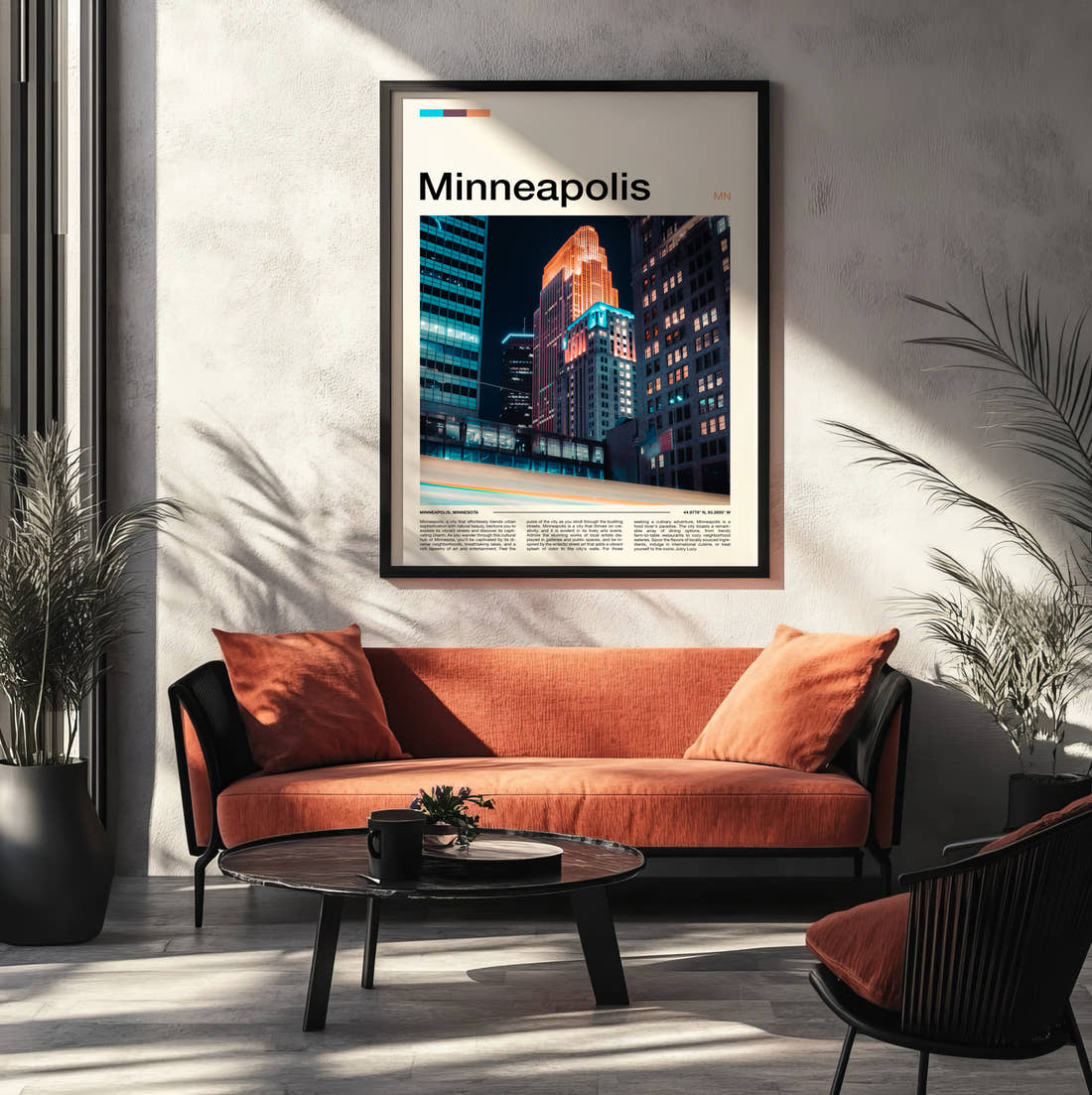 Minneapolis Downtown At Night Travel Print framed on the wall of a modern living room