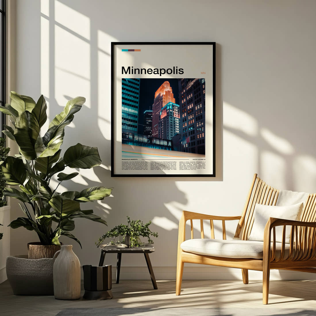 Minneapolis Downtown At Night Travel Print framed on a pale wall beside houseplants