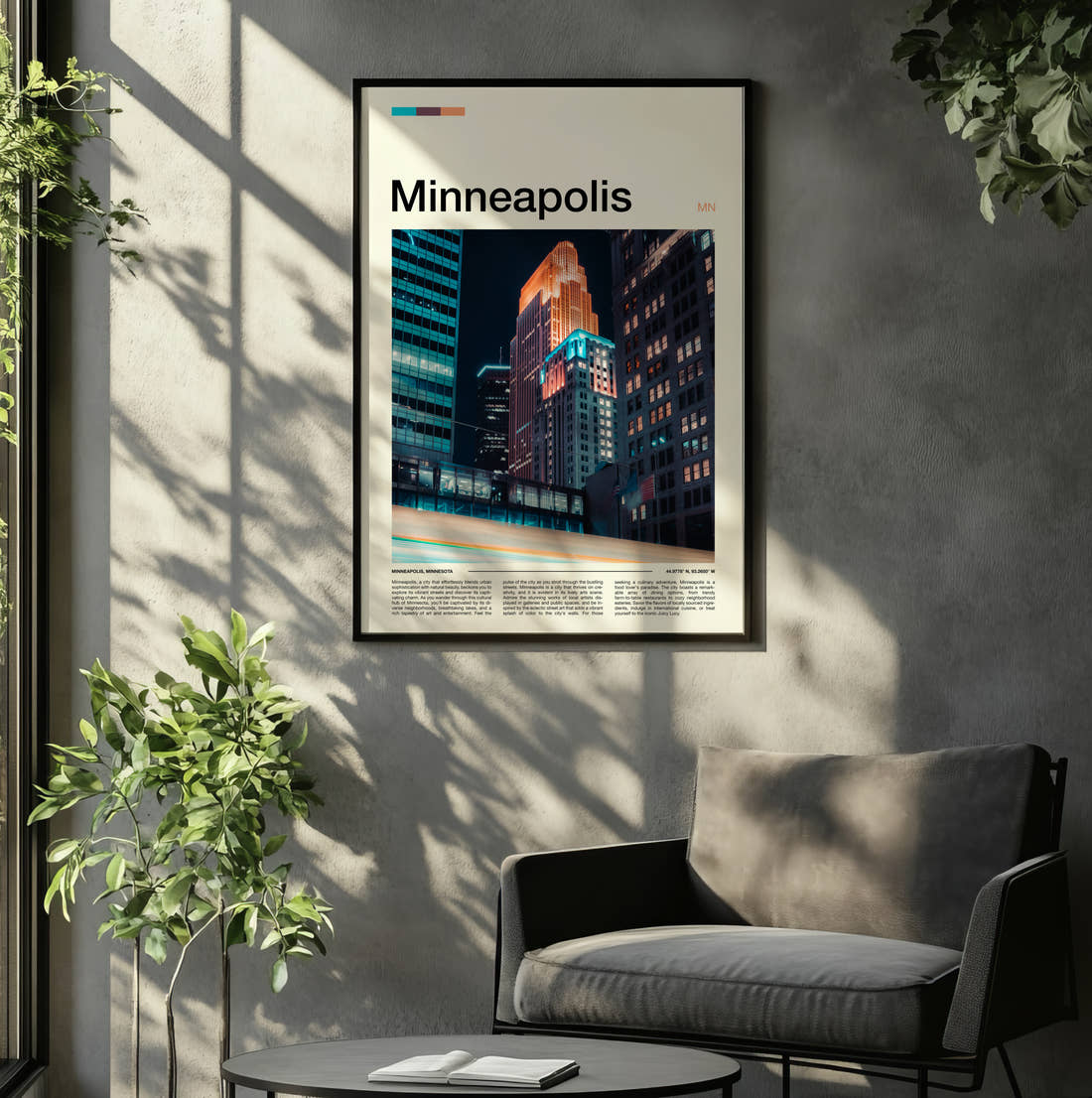 Minneapolis Downtown At Night Travel Print framed on the wall of a relaxed living room