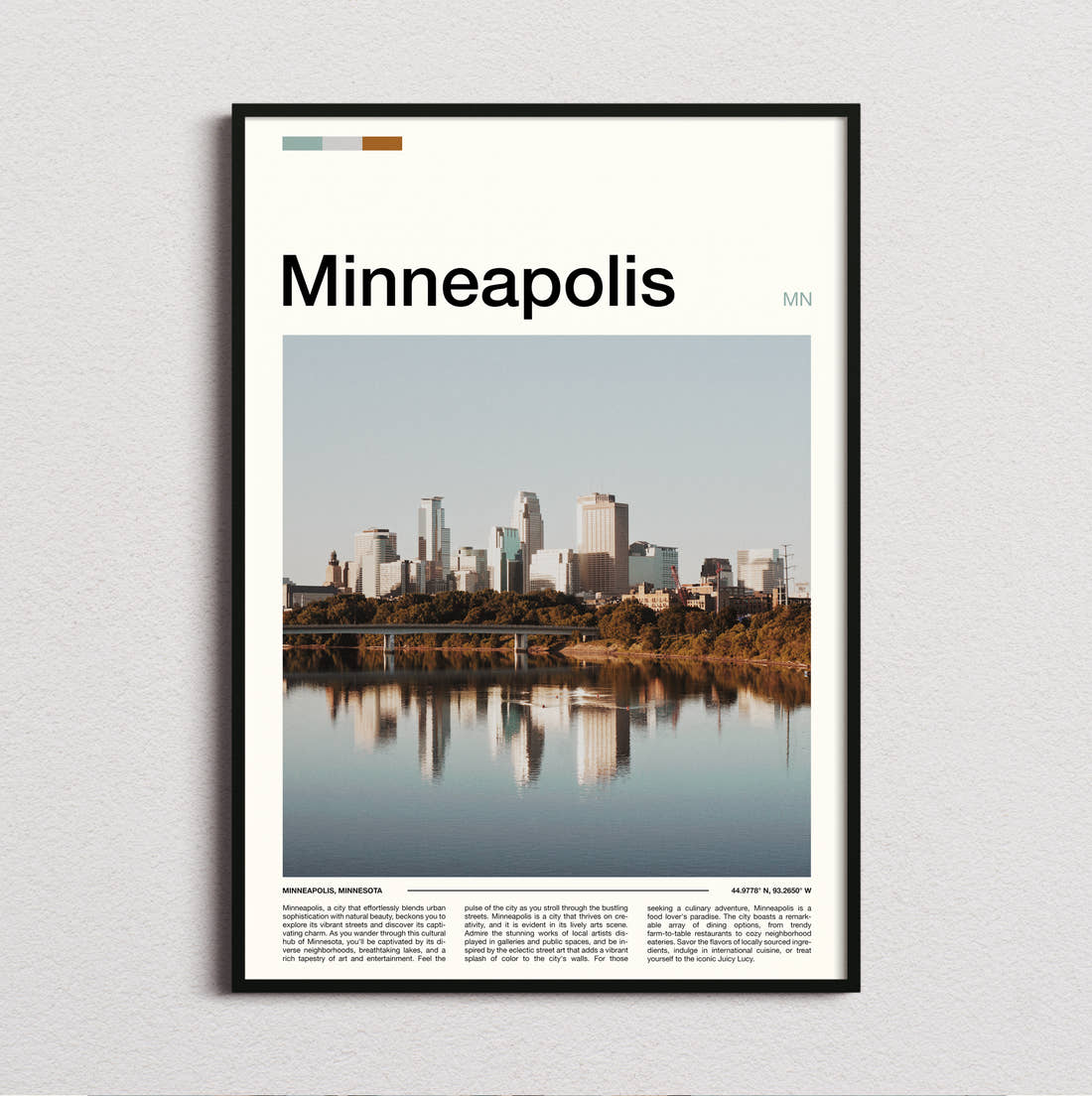 Minneapolis Skyline Reflection Travel Print framed and photographed straight on