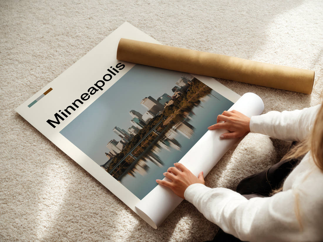 Minneapolis Skyline Reflection Travel Print being unrolled from its postal tube