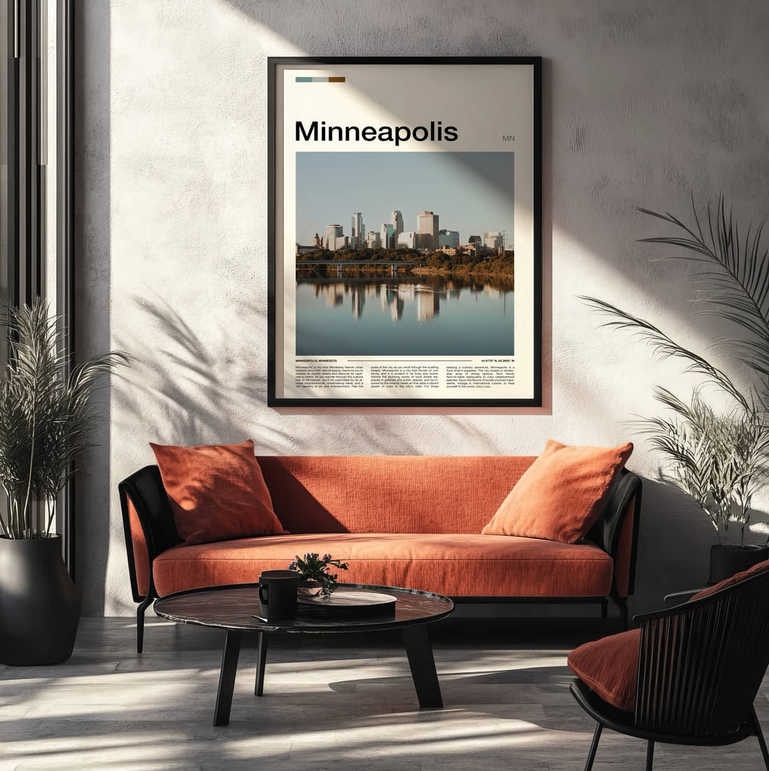 Minneapolis Skyline Reflection Travel Print framed on the wall of a modern living room