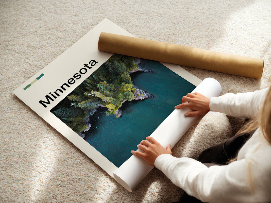 Minnesota Aerial Forested Shoreline Travel Print being unrolled from its postal tube