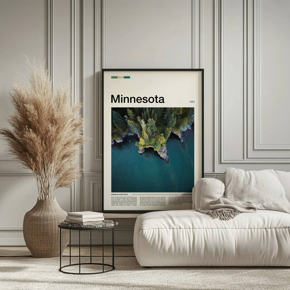 Minnesota Aerial Forested Shoreline Travel Print framed on the wall of a calm, neutral bedroom