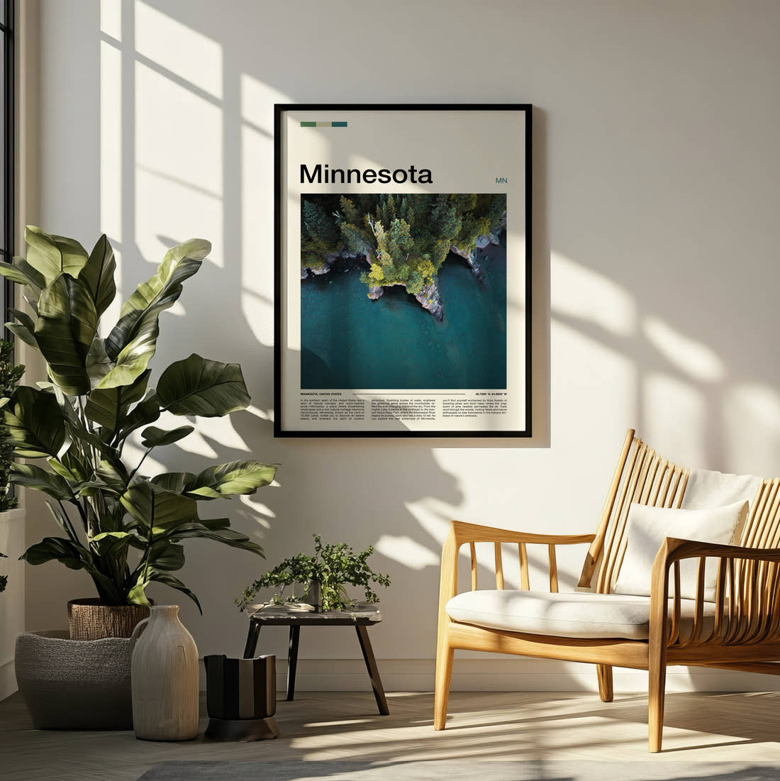 Minnesota Aerial Forested Shoreline Travel Print framed on a pale wall beside houseplants