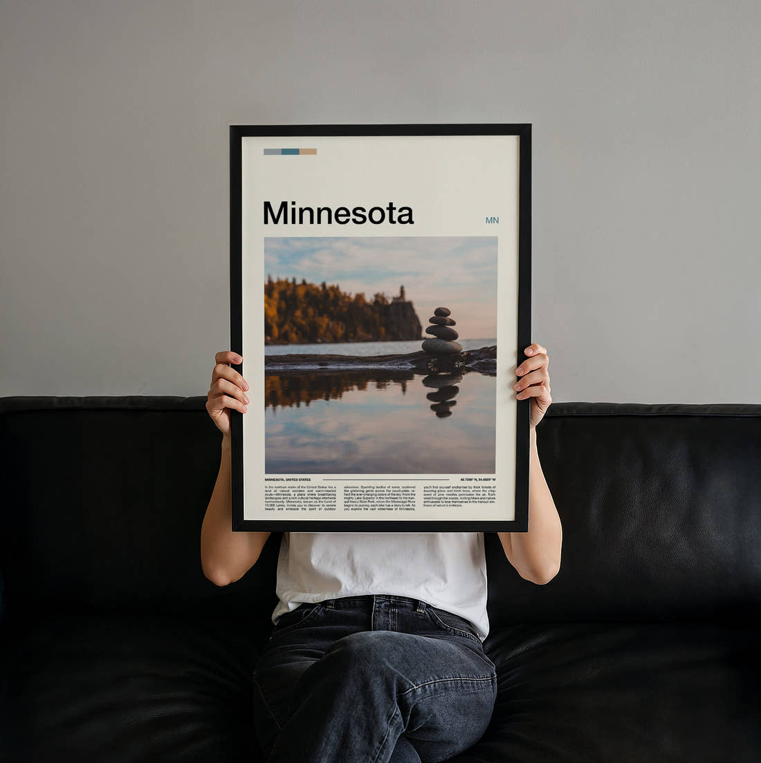 Minnesota Stacked Stones Travel Print held up by hand to show the size of the print
