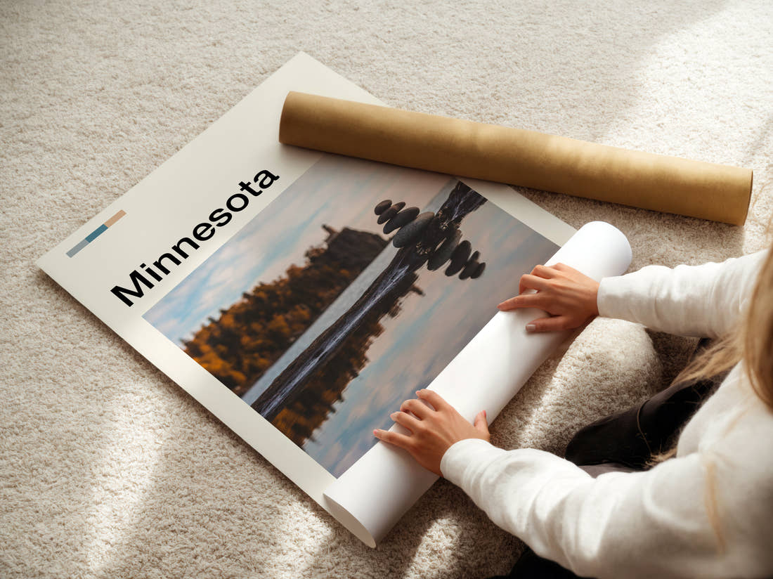 Minnesota Stacked Stones Travel Print being unrolled from its postal tube