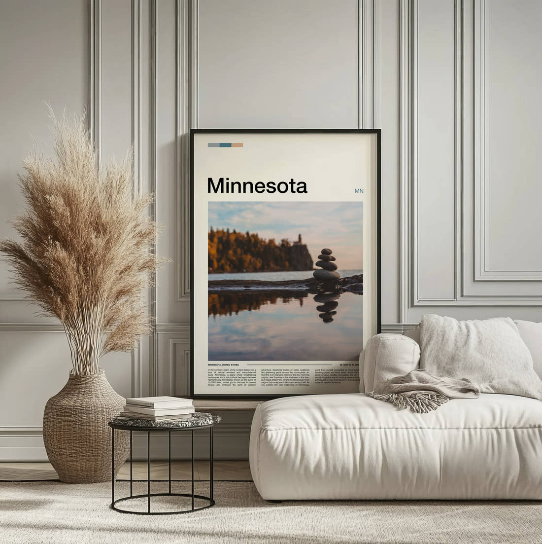Minnesota Stacked Stones Travel Print framed on the wall of a calm, neutral bedroom