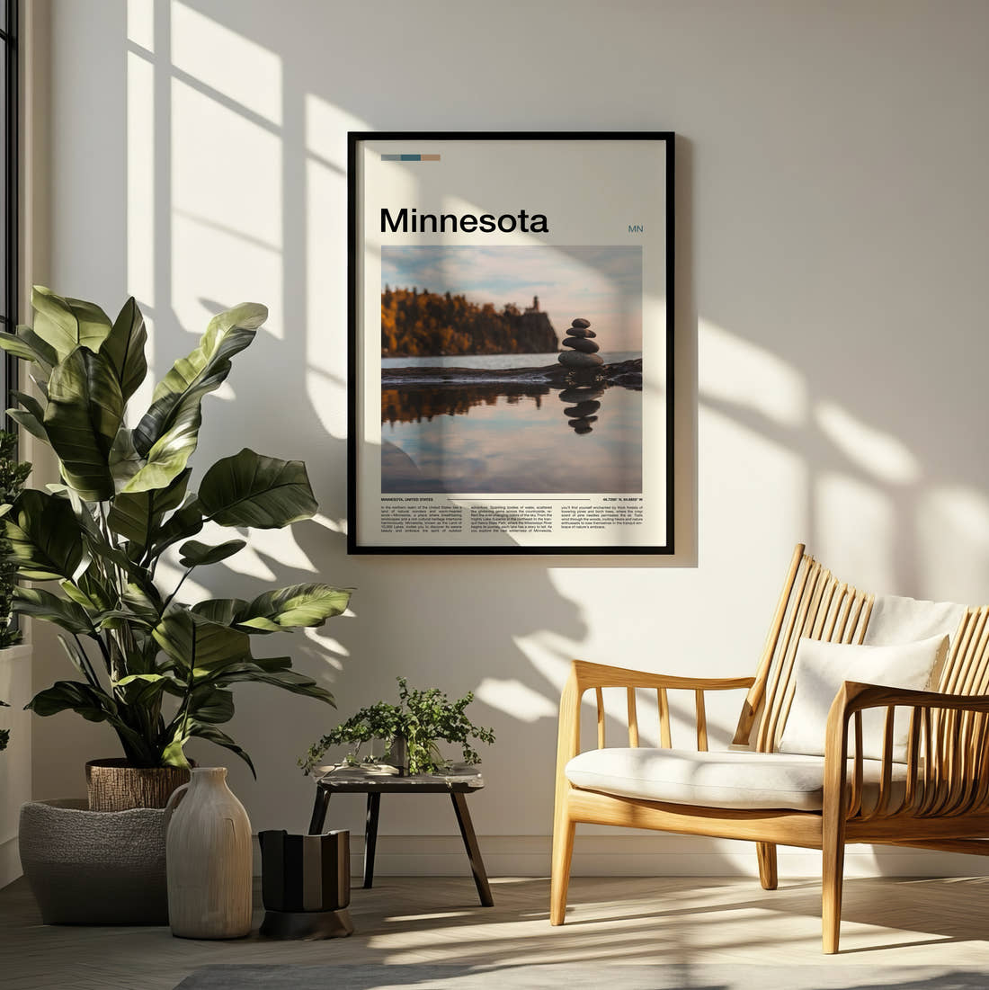 Minnesota Stacked Stones Travel Print framed on a pale wall beside houseplants