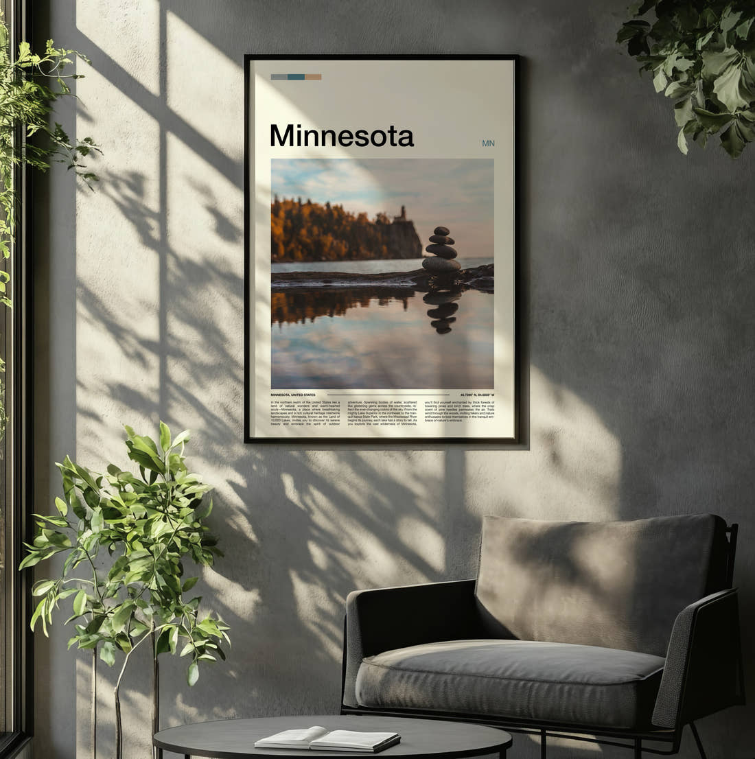 Minnesota Stacked Stones Travel Print framed on the wall of a relaxed living room