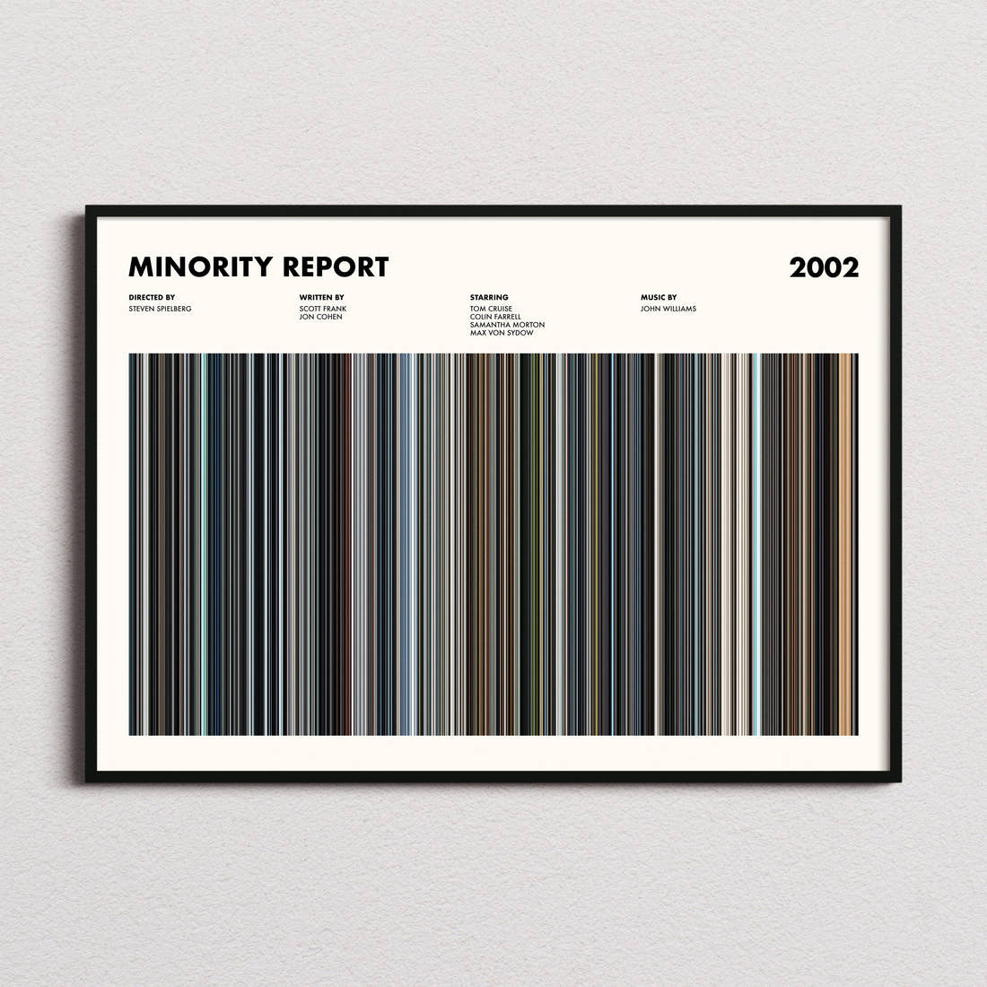 Minority Report Movie Barcode Poster framed and photographed straight on