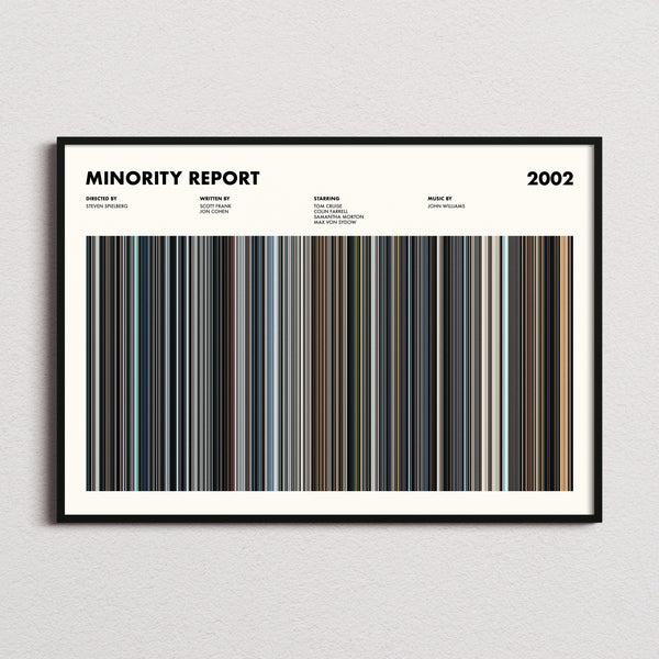 Minority Report Movie Barcode Poster framed and photographed straight on