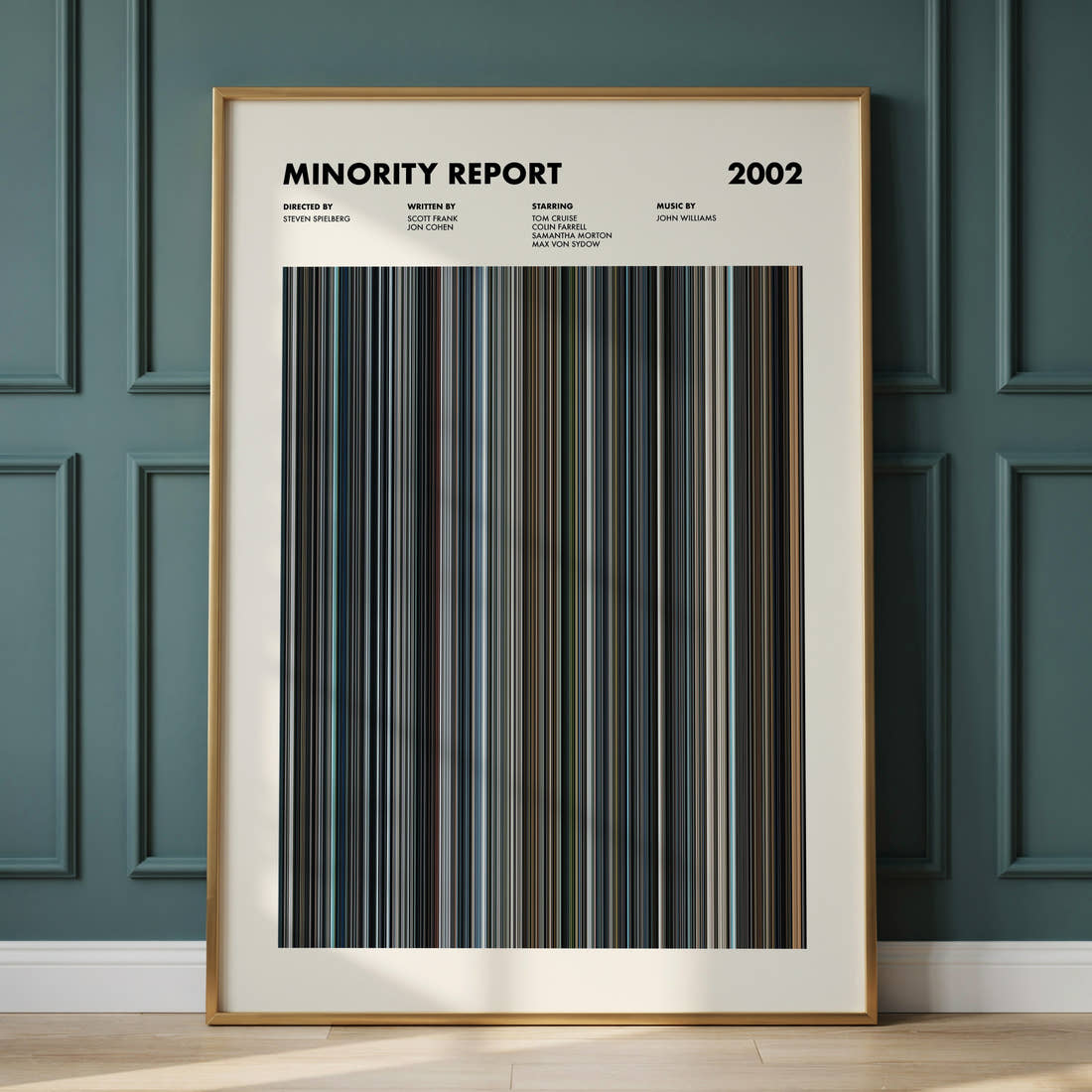 Minority Report Movie Barcode Poster framed and leaning against a panelled wall