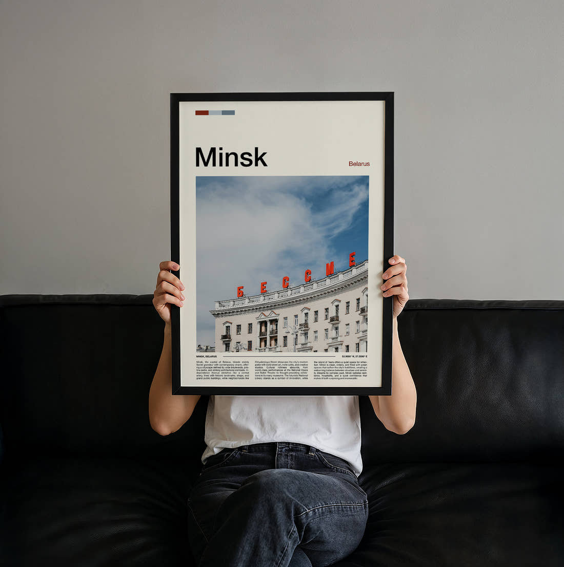 Minsk Curved Building Facade Travel Print held up by hand to show the size of the print