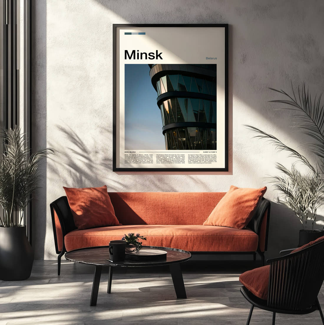 Minsk Curved Glass Building Travel Print framed on the wall of a modern living room