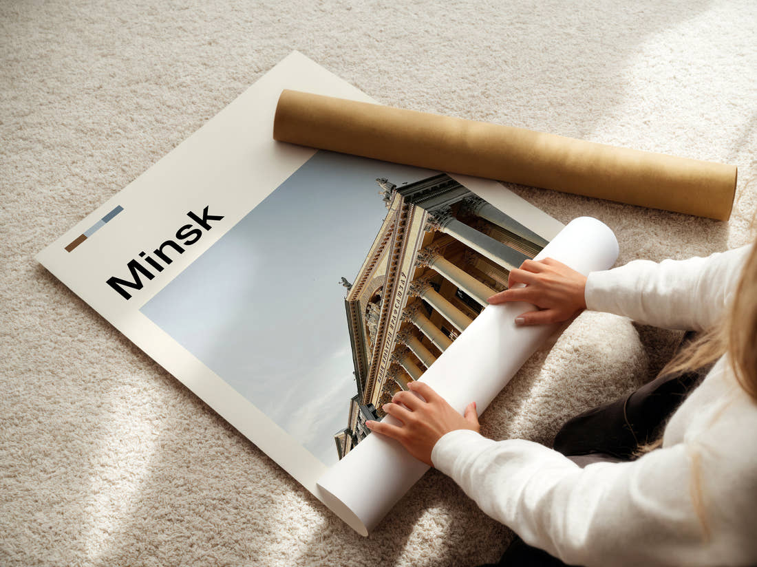 Minsk Columned Facade Travel Print being unrolled from its postal tube