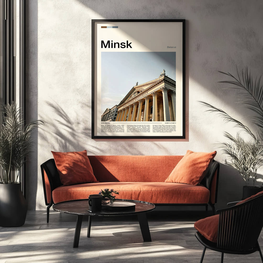 Minsk Columned Facade Travel Print framed on the wall of a modern living room