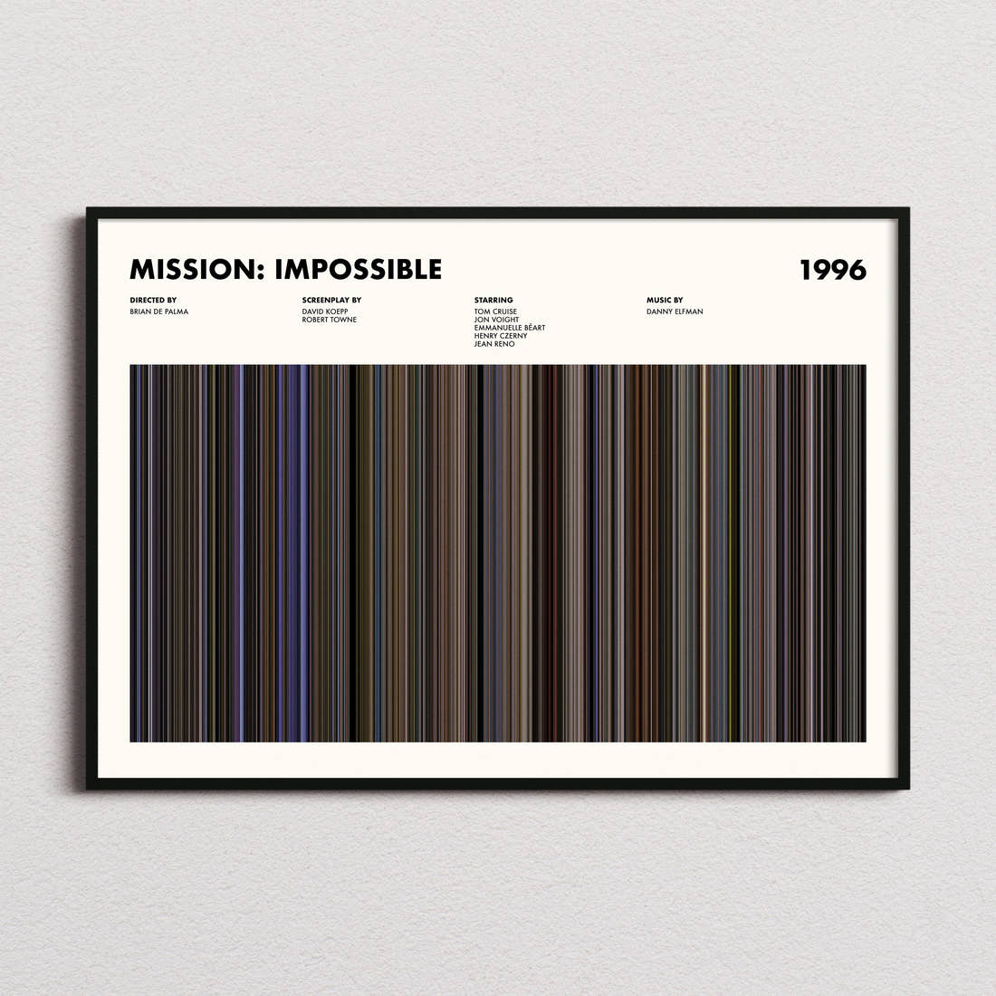 Mission: Impossible Movie Barcode Poster framed and photographed straight on
