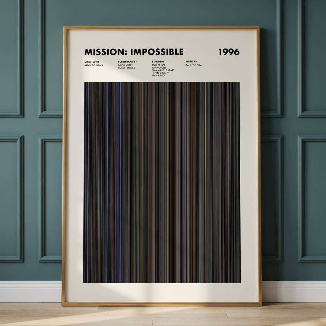 Mission: Impossible Movie Barcode Poster framed and leaning against a panelled wall