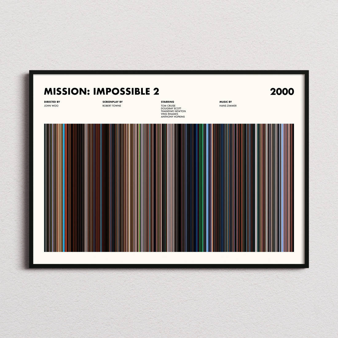 Mission: Impossible 2 Movie Barcode Poster framed and photographed straight on