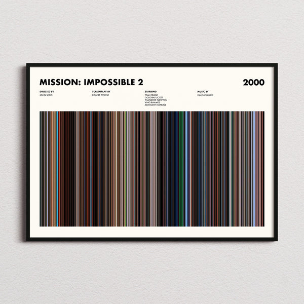 Mission: Impossible 2 Movie Barcode Poster framed and photographed straight on