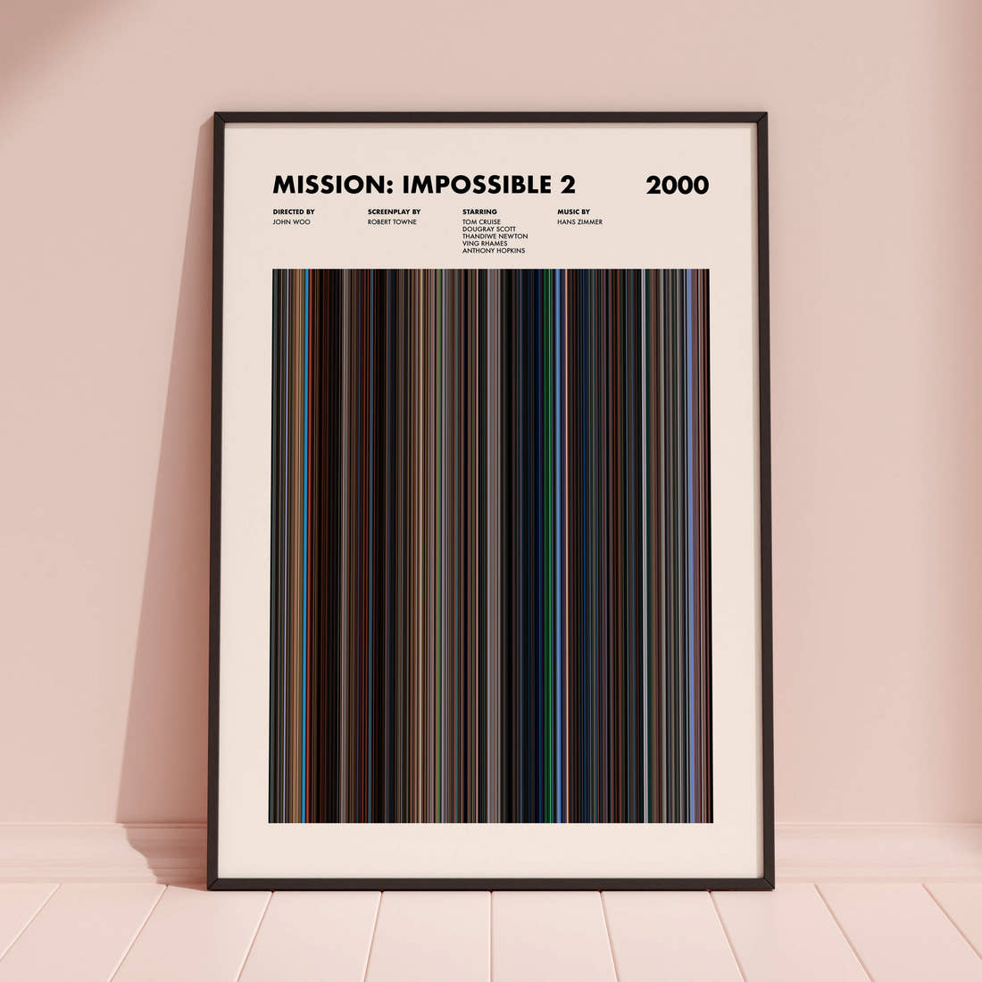 Mission: Impossible 2 Movie Barcode Poster framed and leaning against a coloured wall