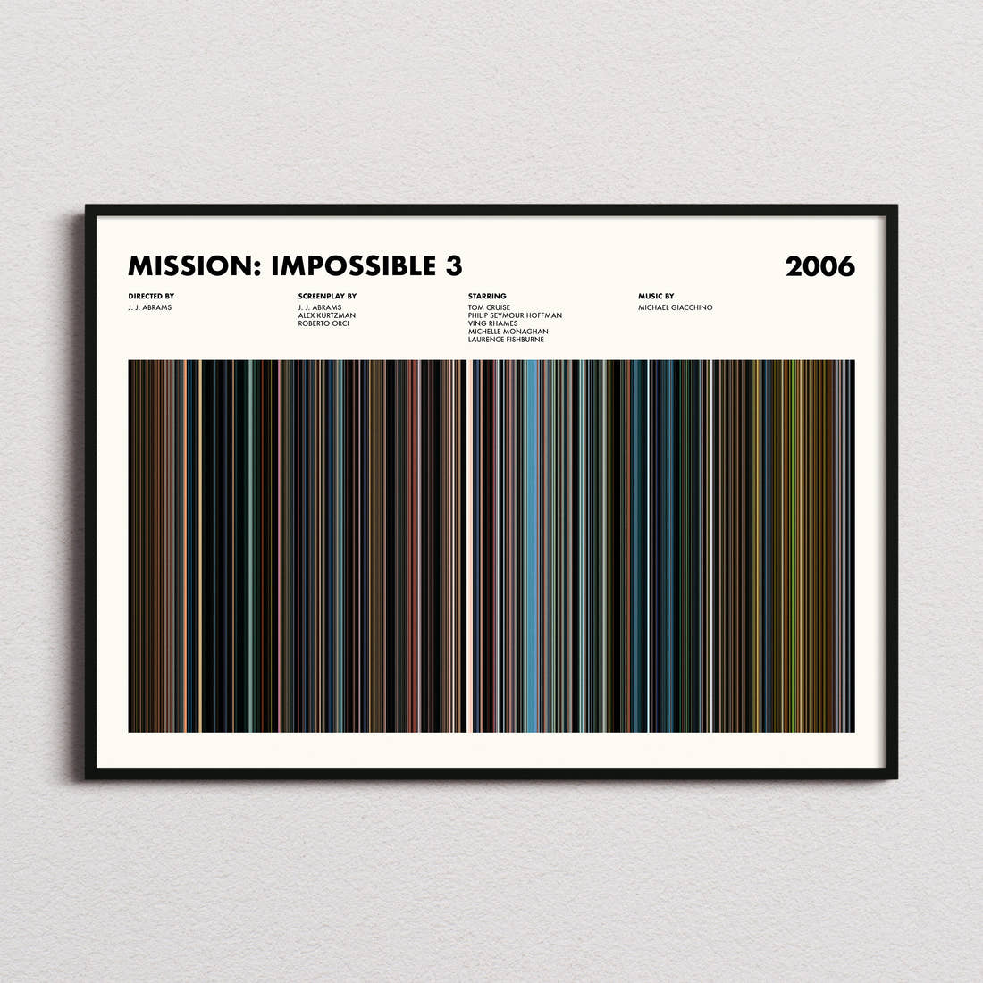 Mission: Impossible 3 Movie Barcode Poster framed and photographed straight on