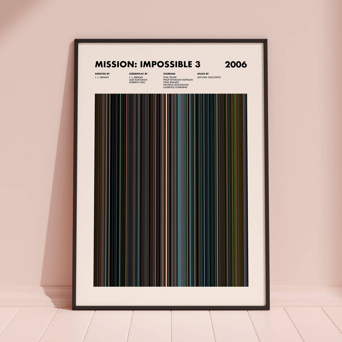 Mission: Impossible 3 Movie Barcode Poster framed and leaning against a coloured wall