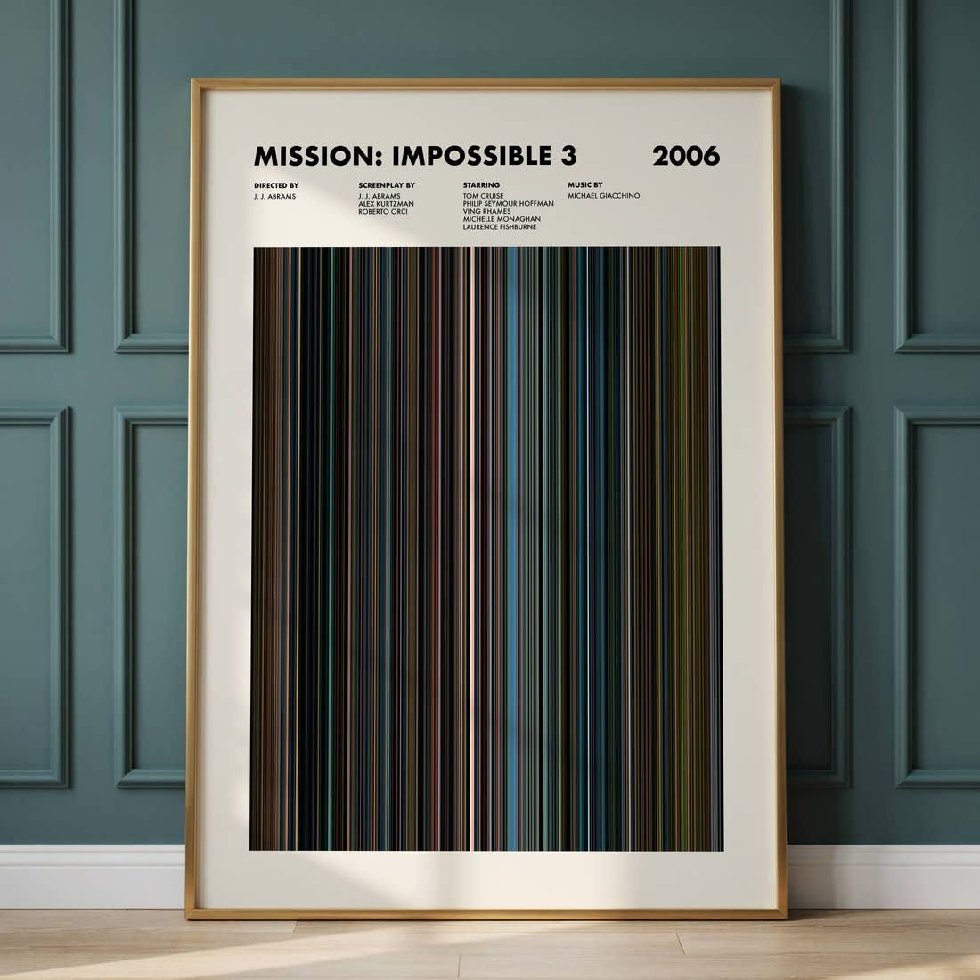 Mission: Impossible 3 Movie Barcode Poster framed and leaning against a panelled wall